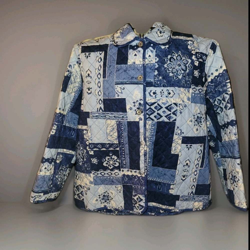 NWOT Alfred Dunner Patchwork Blue and White Quilted Jacket